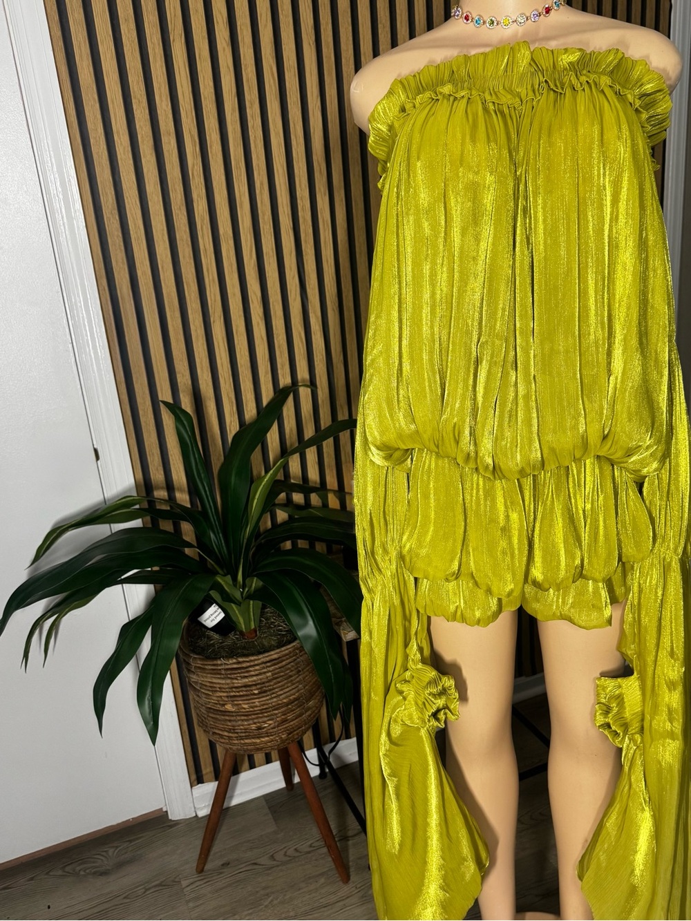 Off-Shoulder Lime Green Layered Mini Skirt with Draped Tail